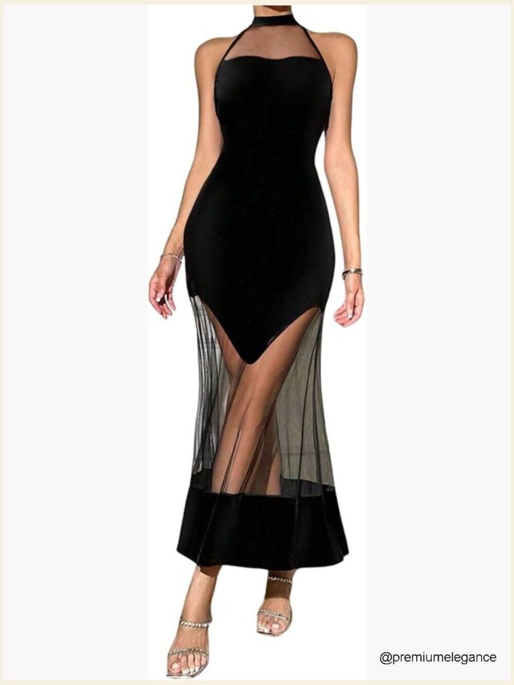 Women's See Through Mesh Halter Maxi Dress Sleeveless Flared Cocktail Long Dress